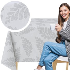 KP Home Washable Tablecloth, 200 x 140 cm, Rectangular PVC Tablecloth, Easy Care and Waterproof, Indoor and Outdoor Use, Wipe Clean Oilcloth Tablecloth with Linen Look, Silver Grey with Pebble Fern
