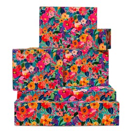 Flower Wrapping Paper - 6 Sheets Wrapping Paper for Her - Painted Colourful Flowers - Birthday Wedding Spring Christmas - Recyclable - By Central 23