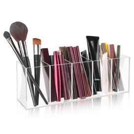 WINKIO Brush Holder with 5 Compartments, Acrylic Brush Holder, Clear Makeup Organiser, Large Capacity, Divided Storage, Multifunctional Cosmetic Organiser for Brushes, Eyeliners, Lipstick