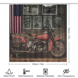 FBMLBRB Vintage Antique Motorcycle 4 Pcs Waterproof Shower Curtain Set,Rustic Western Farm Wood Boards Old Motorcycle American Flag with Waterproof Toilet Cover Shower Mat Rugs