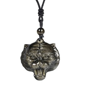 Nupuyai Golden Obsidian Stone Necklace Men Women Engraved Crystal Stone Pendant Real Amulet Lucky Charm Reiki Jewellery, Stone Nylon, Obsidian