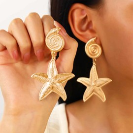Gold Starfish Earrings for Women 3D Starfish Earrings Dangle Summer Beach Vacation Clothes for Women
