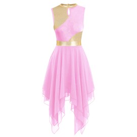 yrsZX Women's Praise Dance Tunic Metallic Color Block Sleeveless Liturgical Dancewear Irregular Hem Lyrical Dance Dress Tag L, Pink