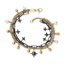 Engelsrufer Women's Boho Bracelet Made of Black and Gold-Plated Stainless Steel with Stars and Pearls Pendant – Adjustable in Two Lengths – Nickel-Free, Stainless Steel, No Gemstone
