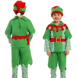 Kids Christmas Elf Costume Cosplay Costumes Long Sleeve Tops Solid Shorts Striped Leg Warmers Belt Hat Set (Green, L)