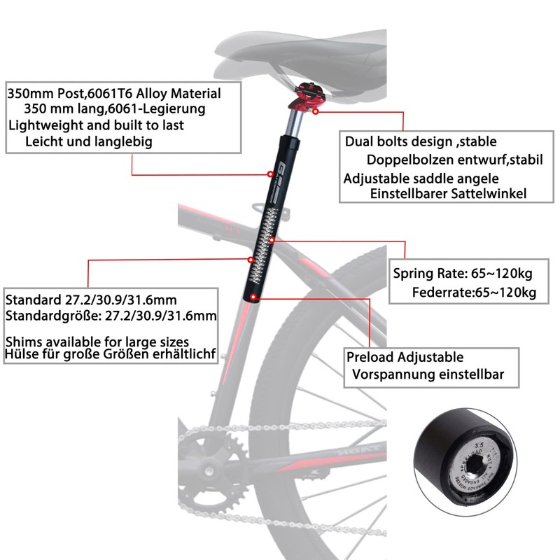 GANOPPER Seat Post Spring-Loaded 27.2 Saddle Suspension Bicycle Seat Post