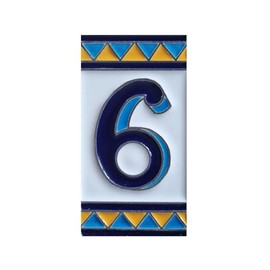 House Numbers Ceramic Tile Letters & Frame Spanish Orange Blue Design Tile Size 11cm H x 6cm W Number Frame Size 2 to 13 tiles (Number 6)