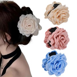 3 PCS Blooming Rose Flower Hair Clips Claws for Women, Non Slip Hair Hairpin Claws Strong Hold for Thin Thick Hair Accessories, Beige Pink Blue