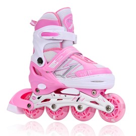 Adjustable Kids Inline Skates for Boys Girls with Full Light Up Wheels, Outdoor Children‘s Roller Skates for Girls and Boys (Pink White, Small)