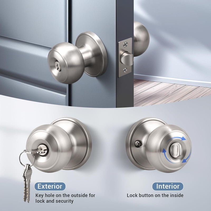 KNOBWELL 4 Pack Brushed Nickel Door Knob with Lock and
