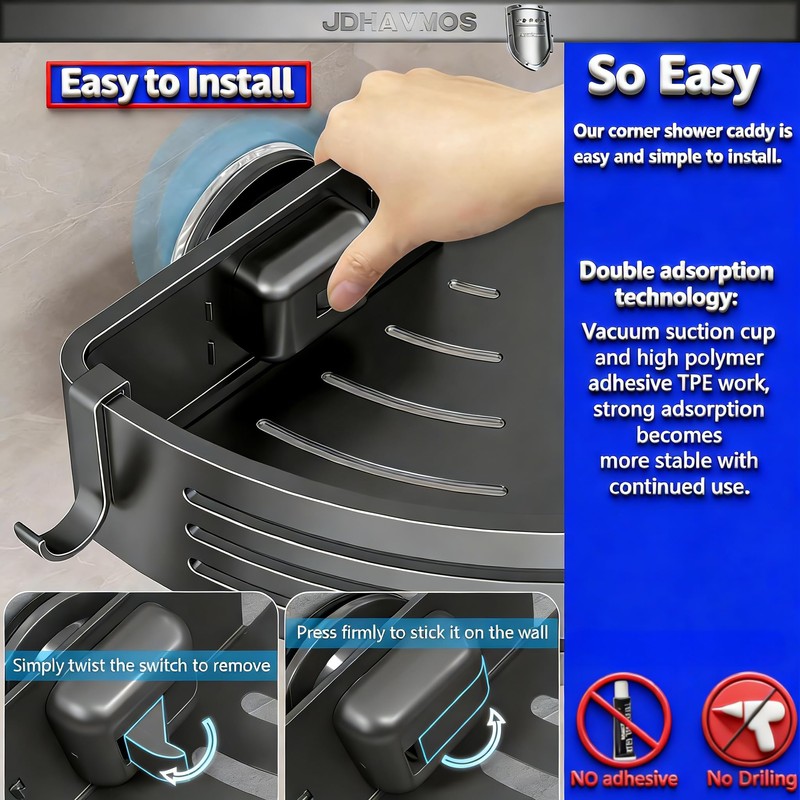 JDHAVMOS Suction Cup Shower Caddy - No Drilling Removable, Corner