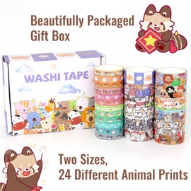 WAPETASHI Cute Washi Tape Set - 24 Rolls Kawaii Animals Gold Foli Decorative Masking Tape for Scrapbooking, Kids DIY Crafts, Art, Wrapping(Puppy&Cat), Aesthetic Supplies, Planners, Bullet Journal