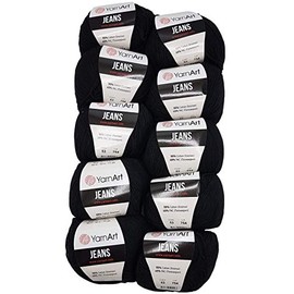 Ilkadim 10 x 50 g YarnArt Jeans Knitting Wool Plain with 55% Cotton, 500 g Wool Plain (Black 53)