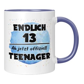 TassenTicker - Endlich 13. Ab jetzt offiziell Teenager - Kaffeetasse - Geburtstag - Junge - Dreizehn - Geschenkidee - Geschenk - Geburtstagsgeschenk (Blau), TT002