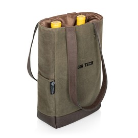 PICNIC TIME 2 Bottle Insulated, Distressed Waxed Canvas Tote, Wine Gift Bag, Khaki Green with Beige Accents