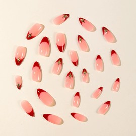 Red French Tip Press on Nails Almond Medium Fake Nails Nude Artificial False Nails Metallic Studs Gel Glue on Nails Reusable Nude Star Charms Acrylic Nails for Women Girls Daily Wear Manicure 24pcs