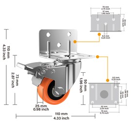 ASHGOOB 2inch L-Shaped Caster Wheels, Side Mount Casters Set of 4, Heavy Duty Casters with Brake, Double Bearing Locking Polyurethane(PU) Wheels for Baby Beds/Cabinets/Furniture（4 Pack