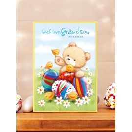 Grandson Easter Card - Bear with Colourful Eggs Chicks Daisies & Blue Foil 7x5"