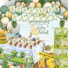 B4b3e 132pcs Classic Winnie Baby Shower Decorations Kit, All-in-1 Vintage Winnie Party Supplies Decorations, Classic The Pooh Backdrop Cake Topper, Winnie Baby Tablecloth Box Decorations for Baby Shower