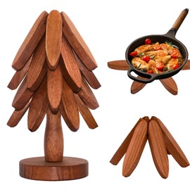 Wooden Heat Insulation Pad Set, Tree Trivets for Hot Dishes，Wooden Trivet Tree，Heat Insulation Pad with Foldable Tree-Shaped Wood for Hot Dishes, 4/5 Wooden Heat Insulation Pads + 1 Stand (4)
