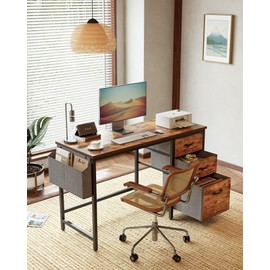 CubiCubi 47 Inch Computer Desk with Drawers and File Cabinet, Home Office Desks with Side Storage Bag, Workstation with Reversible Design, Writing Table with Modern Style, Brown