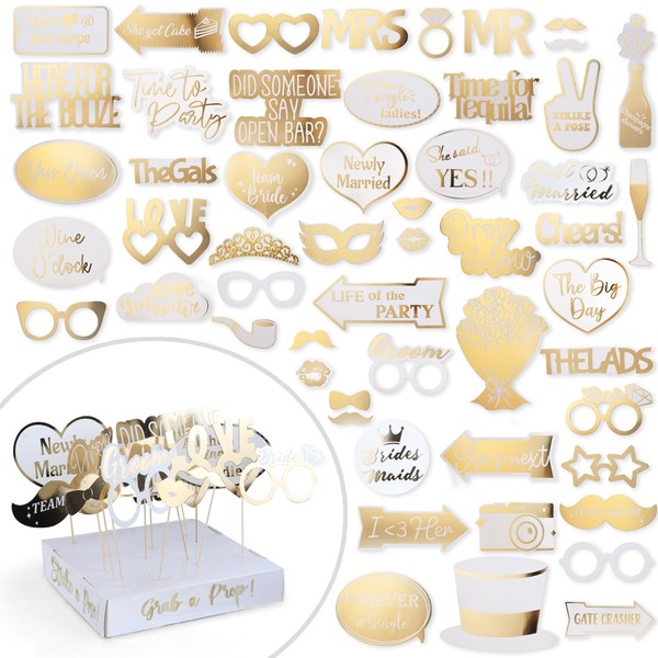60 PCs - FULLY ASSEMBLED - NO DIY - Wedding Photo Booth Props - Prop Stand - Gold Signs - Elegant Wedding & Reception Party Supplies- Funny Wedding Props -Gold Foil Print – Bridal PhotoBooth