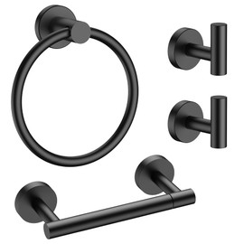 FORIOUS 4 Piece Bathroom Accessories, SUS304 Stainless Steel Double Post Pivoting Toilet Paper Holder, Towel Ring and 2 Towel Hooks, Wall Mounted Bathroom Hardware Set (Matte Black)