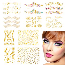 Tattoo Face Metallic Temporary Face Tattoos Waterproof Makeup Stickers for Girls Women in Festival Party and Stage Performance (10 Sheets)