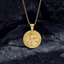 EUDORA 18K Gold Plated Sterling Silver St Benedict Medal San Benito Necklace for Women Men, Saint Benedict Amulet Pendant Christian Catholic Jewelry Gifts for Women Mens Brother Father, 22+2inch