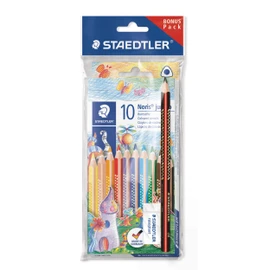 Staedtler Jumbo Crayons Noris Club, increased breaking strength, triangular shape, ABS system, child-friendly according to DIN EN71, set of 10 brilliant colors, eraser and pencil, 61 SET7