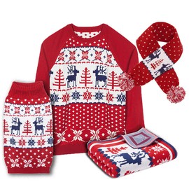 Blueberry Pet Men's Women's Reindeer Snowflake Ugly Christmas Sweater for Pet Owners in Tango Red & Blue, X-Small, Matching Holiday Dog Sweater Available Separately