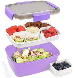 Bugucat Bento Box 2000ML, Lunch Box Salad Lunch Container to Go with 4 Compartment Tray, Salad Bowl with Dressing Container, Meal Prep to Go Containers for Food Fruit Snack,Purple