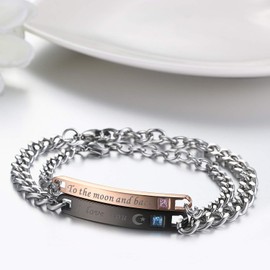 JewelryWe Jewellery Gift Ideas - One Pair of Silver Partner Bracelets, Black, Rose Gold, Silver, Made Of Stainless Steel, Customisable, Stainless Steel, Lady: to The Moon And Back/Mer: I Love You
