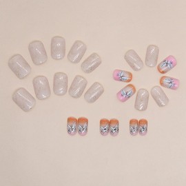 Puyokinm Square Short False Nails, 24Pcs White Press on Nails with Gold Foil Design, Reusable Acrylic Glue Nails for Women Girls
