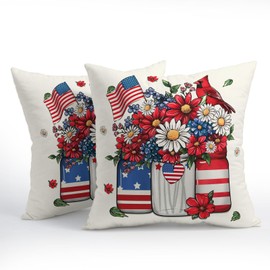Ancordivo 4th of July Pillow Covers 18x18 Inch Set of 2 Patriotic American Flag Floral Red and Blue Throw Pillows Memorial Day Independence Day Cushion Case for Couch Home Decor