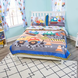 EVERYDAY KIDS Construction Twin/Full Size Bed Comforter for Young Boys with Dump Trucks and Bulldozers; Toddler Boy Bedding for Building Decor; All Season Orange, Yellow and Blue Comforter