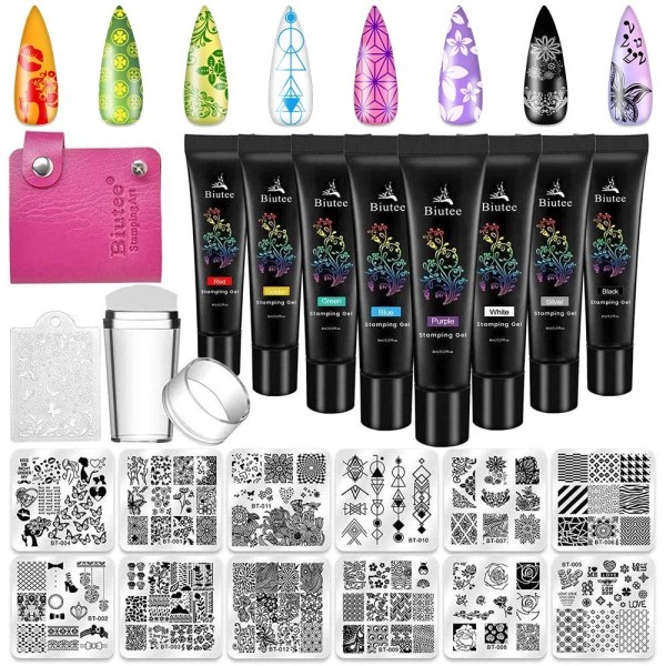 Biutee Nail Stamping Plates Set - 12pcs Templates, 8 Colors,