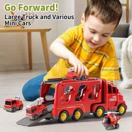 JUKUDAHU Truck Toys for 3 4 5 6 Years Old Boys, Toddler Car Toys for Toddler Boys Ages 3-5, Fire Toys Car Carrier Vehicle Toy Set, Kids Toys Truck Set for Age 3-9
