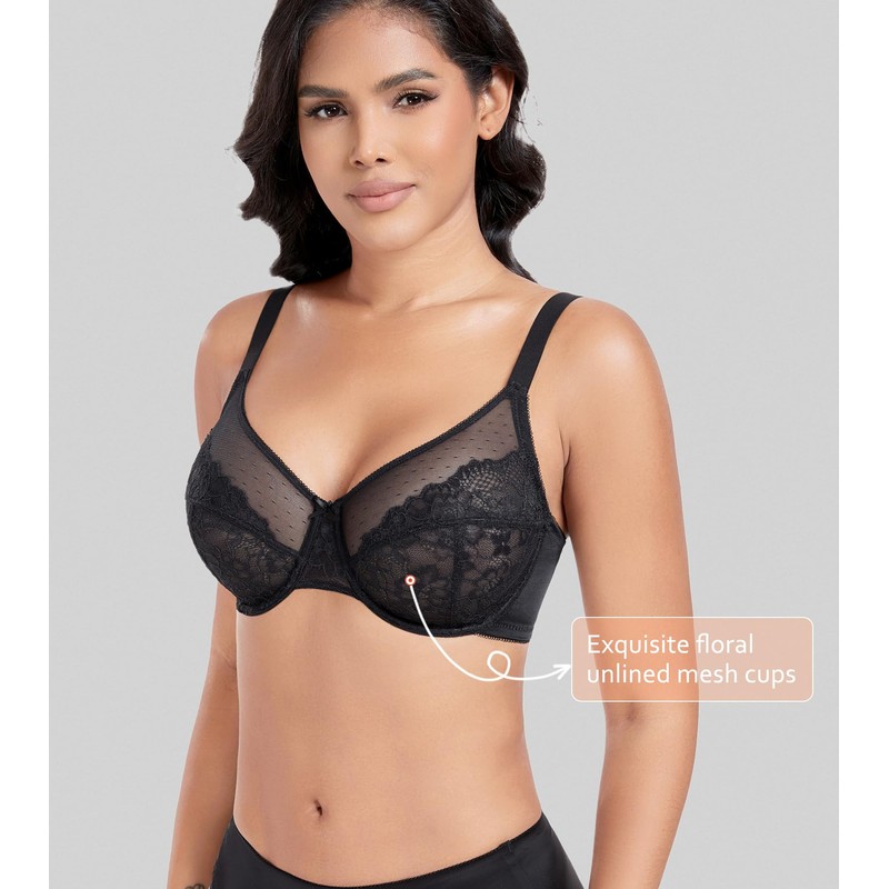 DotVol Women's Full Coverage Unpadded Underwire Semi Sheer Lace Bras