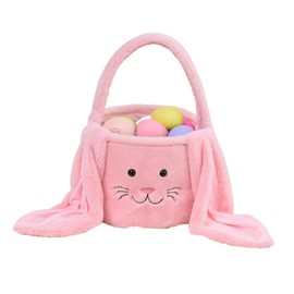 JKXUNF Plush Easter Bunny Basket Bags for Kids, Rabbit Bucket Tote with Long Fluffy Ears, Cute Egg Hunts Party Storage Candy Gifts Carry Bucket Decorations (Pink)