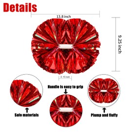 heyesaki Pom Poms Cheerleading，2 Pack Cheer Pom Poms with Baton Handle,13.8 inches Metallic Foil Rainbow Film Cheerleading pom poms for Kids Adult Cheer Team Spirit（red）