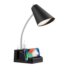 LED Desk Lamp with 1 USB Charging Port and 1 AC Outlet, Organizer Base, Adjustable Neck, On/Off Switch, Modern Table Lamp for Reading, Working, Studying, Gentle Warm White Light, Eye Protect