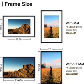 Vittanly 16x24 Picture Frame Black, Display Poster 12x18 with Mat or 16x24 without Mat, Plexiglass, Wall Gallery Frame for Artwork, Vertical or Horizontal Display, Single Pack