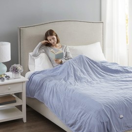 Beautyrest Electric Blanket Luxurious Micro Fleece Ultra Soft Ribbed Textured, Cozy and Snuggly Cover for Cold Weather, Fast Heating, Auto Shut Off, 20 Level Heat Setting Controller, Full, Blue