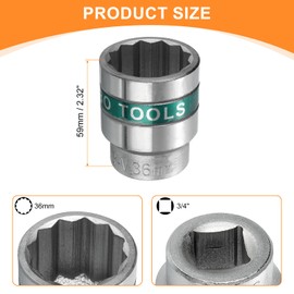HARFINGTON 3/4" Drive 12 Points Socket 36mm Metric Shallow Impact Socket 40CR Galvanizing Flip Spindle Nut Impact Grade for Home Auto Nuts Bolts Repair, Silver Green