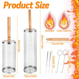 Farerkass Rolling Grill Basket, Pack of 2 Rolling Grill Baskets, Stainless Steel Cylindrical, Grill Net Tube with Removable Handle, BBQ Grill Accessories for Outdoor Grill, Vegetables, Fish Meat
