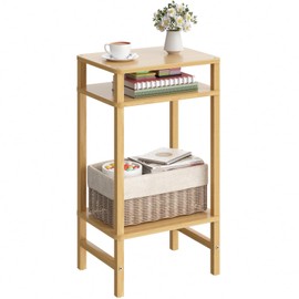 YUFAM 28in Tall Bamboo Side Table 3-Tier Small Narrow End Table, Skinny Nightstand for Small Space, Farmhouse Slim Night Stand with Storage for Couch, Wooden Thin Bedside Table, Natural