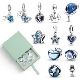 DOLLGIFT 12 Pcs Spacer Beads Charms for Jewellery Making, Pendant Beads for Pan Bracelet & Necklace, Sparking Charms Gift for Women Friends Family Birthday Anniversaries (Blue