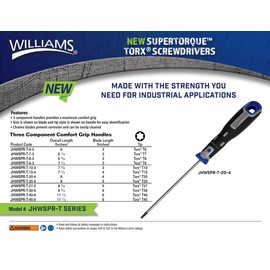 Williams JHWSPR-T-8-3 Supertorque Torx Screwdrivers T8 Tip, 3-Inch Blade Length, 6-3/8-Inch Overall Length, Three Component Comfort Grip Handle