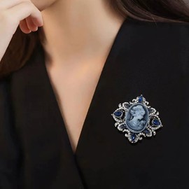 Vintage Cameo Lady Rhinestone Brooch Pin for Women Girls Antique Victorian Maiden Teardrop Crystal Brooches Lapel Pins Banquet Wedding Birthday Jewelry Dainty Gift for Her (Blue)